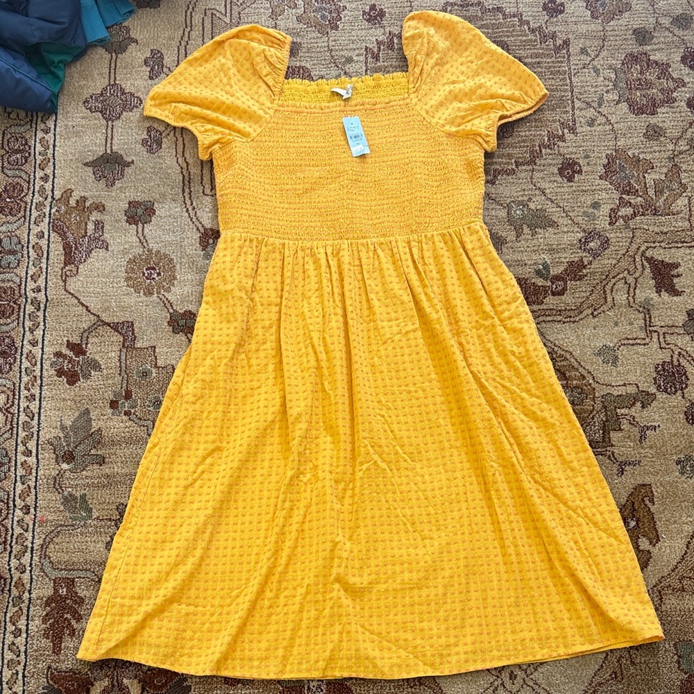 Ann Taylor Loft Swiss dot mustard and peachy pink smocked dress